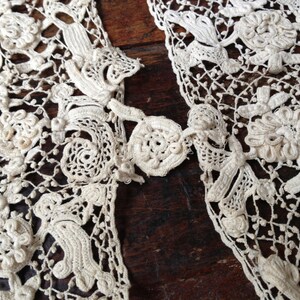 Antique Handmade Irish Crochet Needle Lace Vest Collar Ecru Linen c 1800s Project Lace, KH image 3