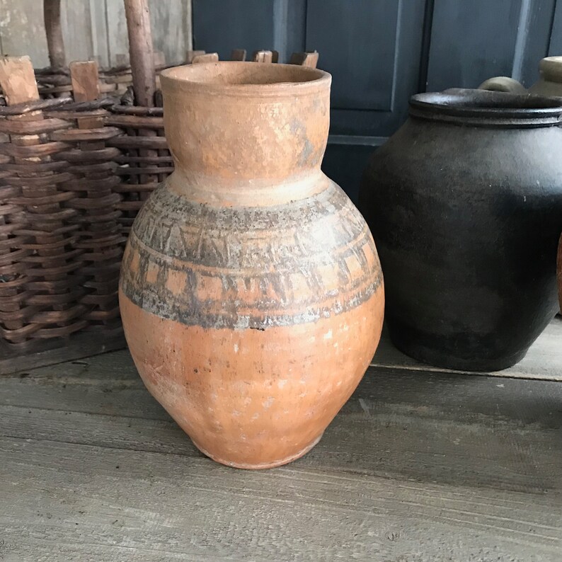 Antique Pottery Jug, Pitcher, Vase, Redware, Folk Art, Tribal, Rustic Terra Cotta, Handmade, 19th C, Rustic European Farmhouse, Farm Table image 6