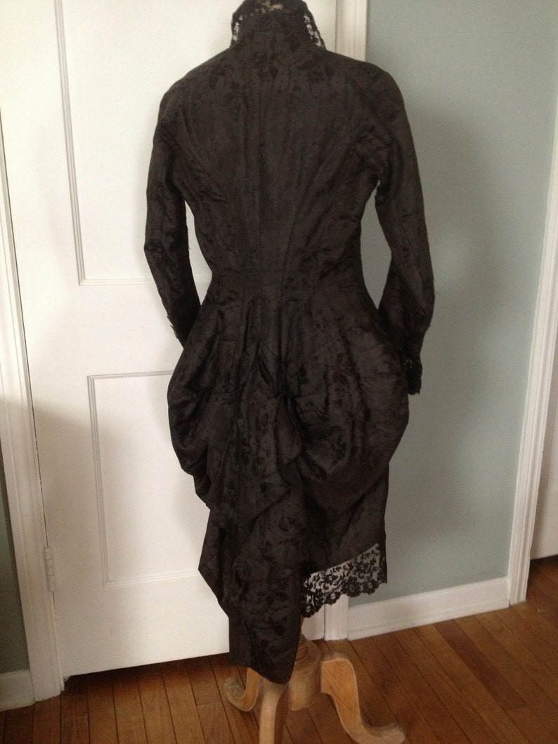 Victorian Silk Damask Jacket Bustle Black Chantilly Lace Handpainted Buttons Period Costume image 3