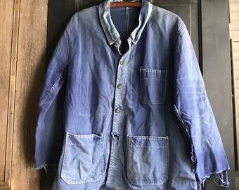 ジャケット・アウター Early1900s French indigo Linen Work Coat Vintage 1950s French Indigo Linen Work Jacket Mens Size ML