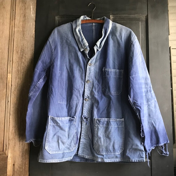 ジャケット・アウター Early1900s French indigo Linen Work Coat 40's] French Vintage Indigo Linen Work Jacket Size.44