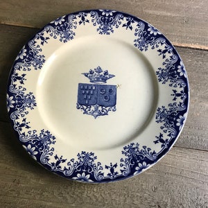 French Faïence Plate, Indigo Floral Ironstone, Rouen, Coat of Arms French Chateau, Farmhouse, Farm Table image 4