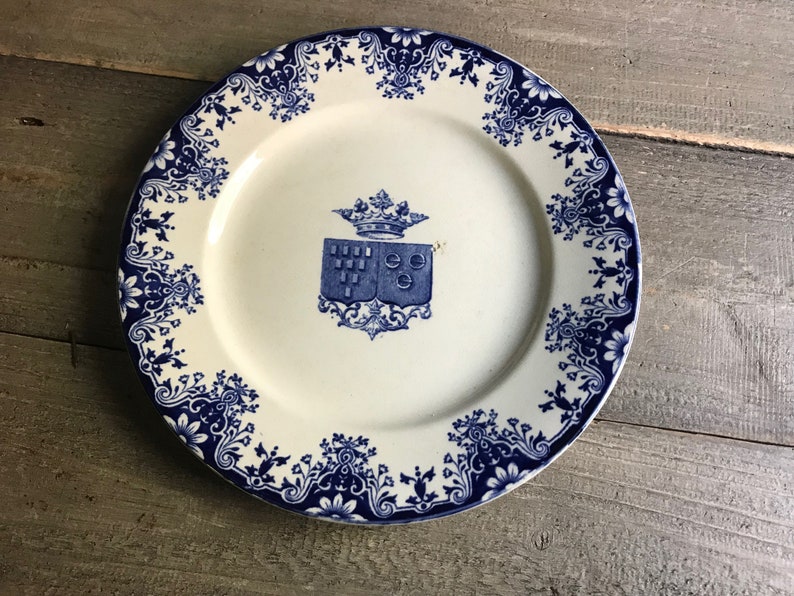 French Faïence Plate, Indigo Floral Ironstone, Rouen, Coat of Arms French Chateau, Farmhouse, Farm Table image 4