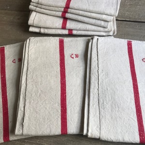 1 Rustic French Linen Torchon, Large Kitchen Tea Towel, Red Stripe, Monogram CB, 8 Available