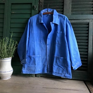 French Indigo Work Wear Jacket, Bleu De Travail Coat, Denim, Patch Repairs, Garden, Chore Wear Farmhouse Peasant image 4