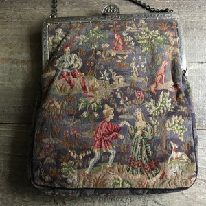 Antique Petit Point Purse, Double Sided Gentry Scenes, Figural Woodland Animals, Exquisite Tapestry Work, Evening Clutch, KH