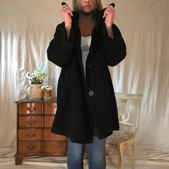 50s 60s Black Persian Lamb Coat, Faux Curly Lambs Wool, Winter