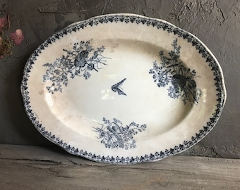 French Indigo Harvest Platter, Indigo Blue, Faïence, Stoneware Plate, Moisson Harvest Pattern, Serving Dish, Transferware, French Farmhouse