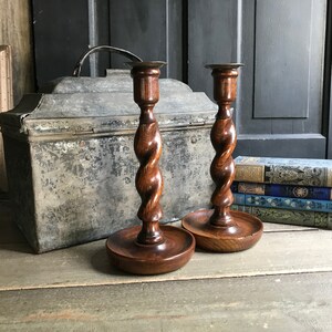 Pair English Oak Barley Twist Candlesticks, 10 Inch, Rustic Wood