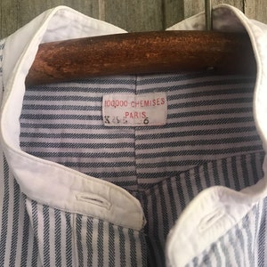 French Edwardian Chemise, Mens Dress Shirt, French Cuff, Indigo Stripe Cotton, 100k Chemises Original Paris Label image 8