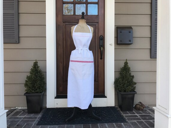 French White Linen Apron, Red Stripe, Chef, Cook, Baker, French