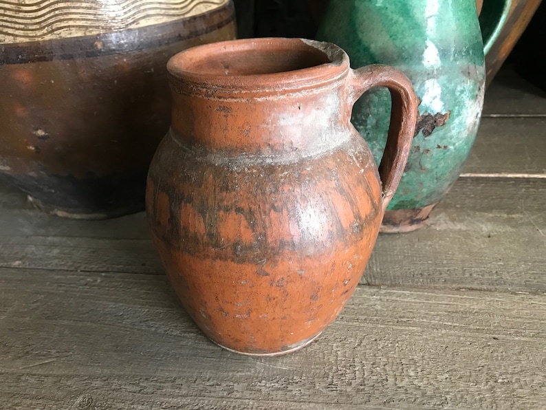 Antique Pottery Jug, Pitcher, Vase, Redware, Folk Art, Rustic Terra Cotta, Hand Thrown, Hand Painted, 19th C, Rustic Farmhouse, Farm Table image 1