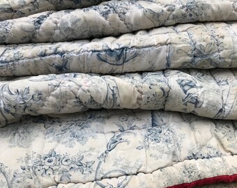 French Toile de Jouy Quilt Remnants, Indigo Blue, Antique 19th C French Historical Textile Collectors, Chateau Decor, Distressed
