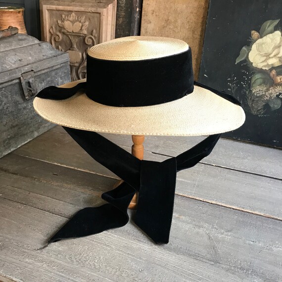 Antique French Straw Hat, Edwardian, Panama Straw Bonnet, Wide Brim, Black Velvet Ties, Period Clothing