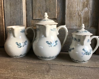 1 19th C French Faïence Jug, Rustic Pottery, Blue and White Floral Pitcher, French Farmhouse Cuisine