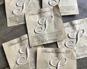 1 Antique French Plumetis Monogram Embroidery Initial S, Dowry Trousseau Linens, Scripted, Sold by Each