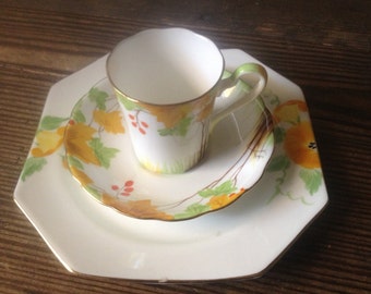 1930s English China Tea Cup, Saucer by Grafton China Hand Painted Golden Ivy Foliage Back Stamped