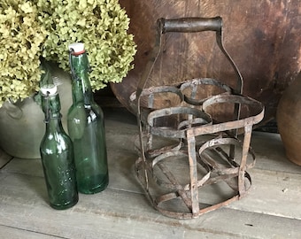 Rustic French Zinc Bottle Carrier, Rack Basket, Wood Handle, Bottle Vendor Carrier, Industrial Farmhouse Cuisine Decor