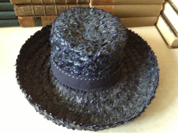 Ladies Straw Hat, Jane Morgan New York, Navy Blue… - image 4