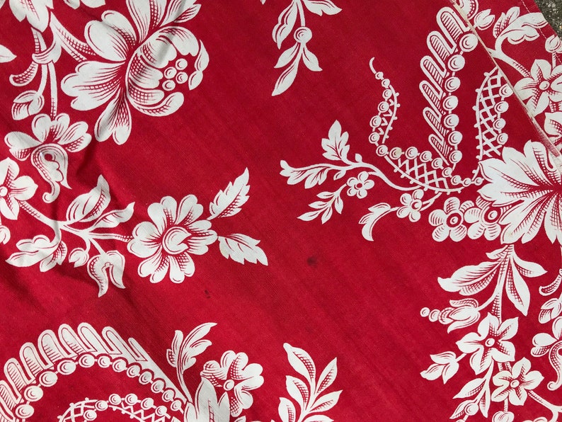 French Red Floral Cotton Print Fabric, Remnant, Sewing Projects, French Historical Fabric Textiles image 7