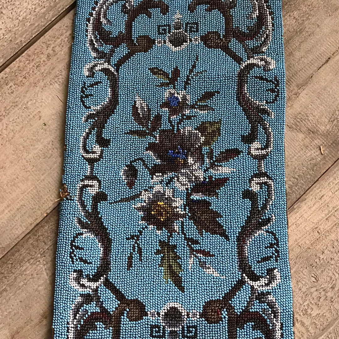 1点物⭕️お安く!◎Custom vintage fabric◎FLEX 8.5 1800s Hand Beaded Floral Tapestry Panel, Victorian Era, Turquoise