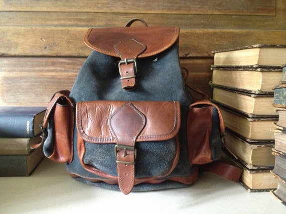 Rustic Leather Backpack Rucksack, Brown and Charc… - image 2