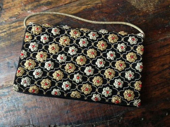 1950s Beaded Black Velvet Clutch Silver Gold Dres… - image 1