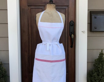 French White Linen Apron, Red Stripe, Chef, Cook, Baker, French Farmhouse Cuisine, Front Pocket, Embroidered Monogram