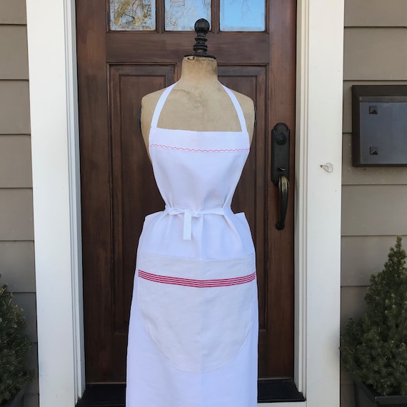 French White Linen Apron, Red Stripe, Chef, Cook, Baker, French