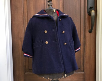 Childs Wool Navy Coat, Period Clothing, 1930s, Union Made, Nautical Brass Buttons