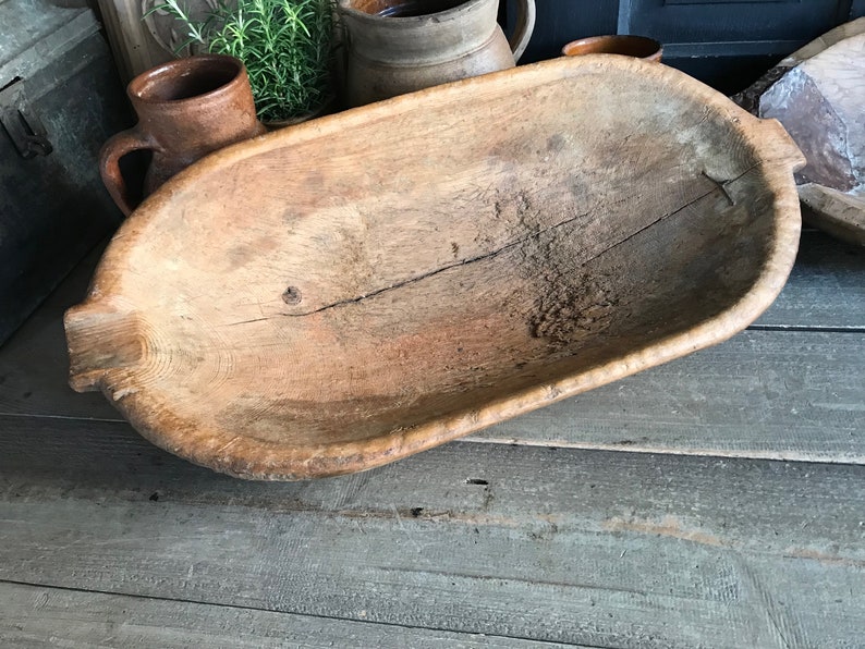 Antique Handcarved Wood Bowl, Primitive, Repair, Trencher, Cheese Trough, Dough Proofing Bowl, Rustic Farm Table, European Farmhouse Decor image 9