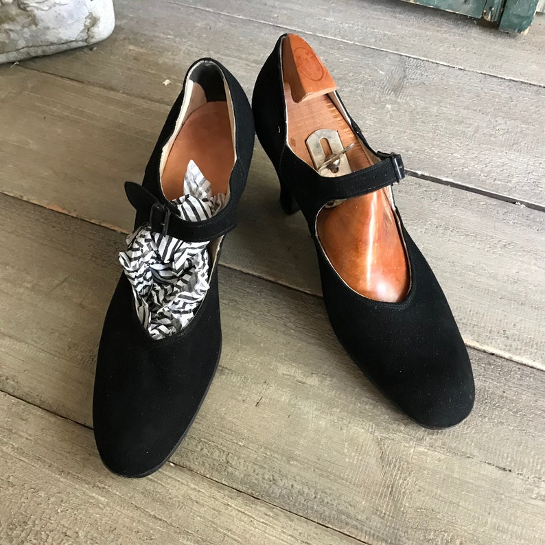 1940s Black Suede Shoes, Mary Jane Pumps, Custom Made, Chicago image 3