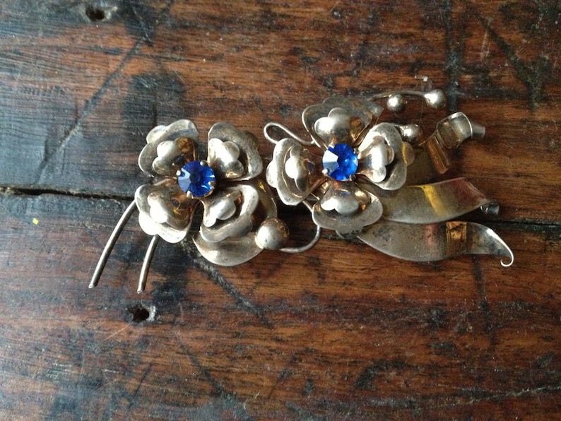 1930s Silver Plate Brooch Pin Cobalt Blue Stones Jewelry Hallmarked image 5