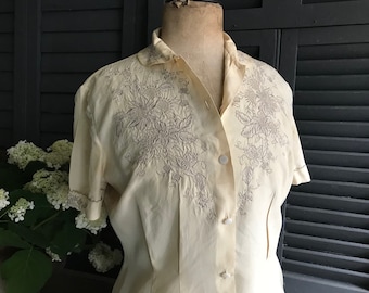 French 1940s Silk Blouse, Embroidery Work, Silk Rayon, Mother of Pearl Buttons