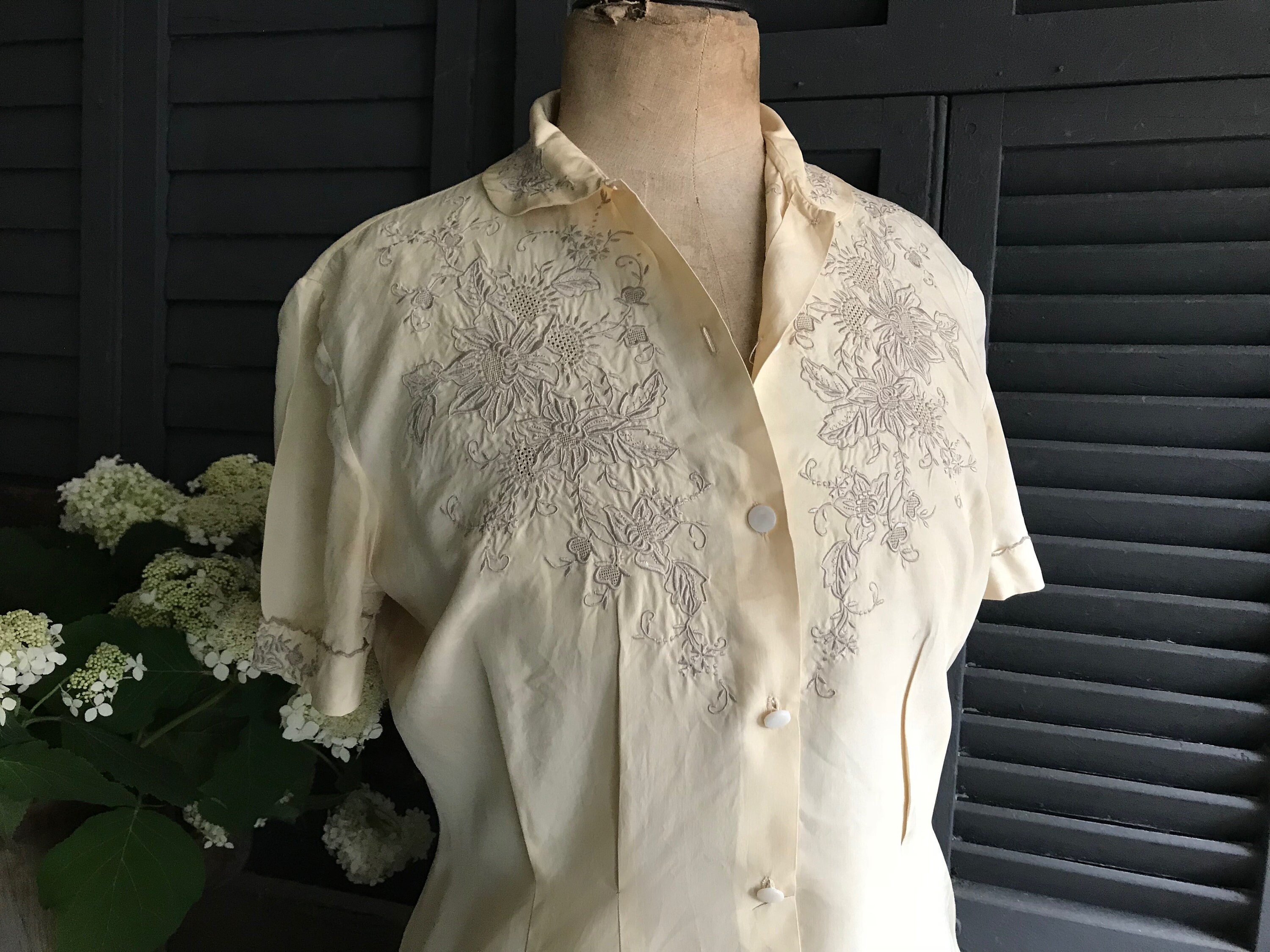 French 1940s Silk Blouse, Embroidery Work, Silk Rayon, Mother of  