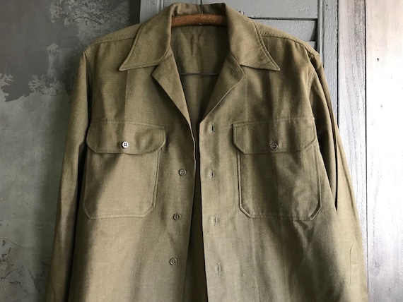 1940s Wool Khaki Mens Shirt, Military Uniform, WWI