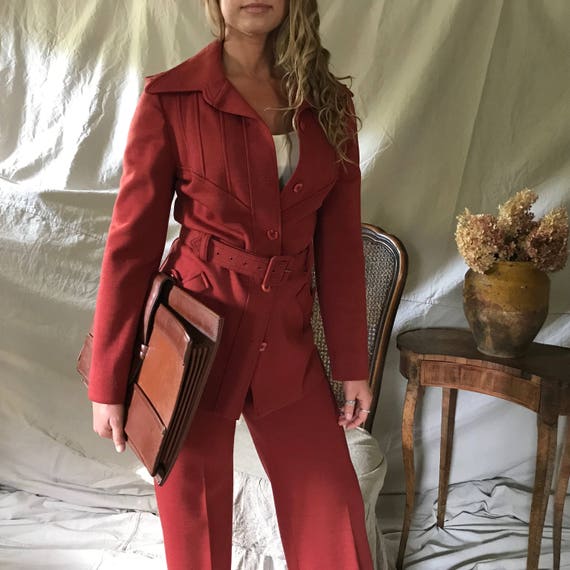 1970s Knit Wool Pant Suit, Rust, Belted Jacket, Pa