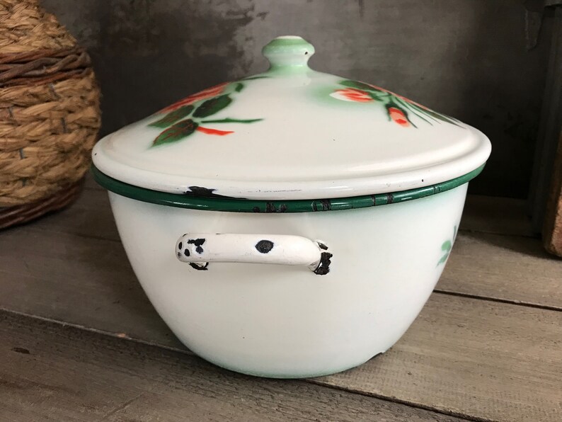 Coral Painted Roses Large Chippy French Enamel Casserole French Farmhouse
