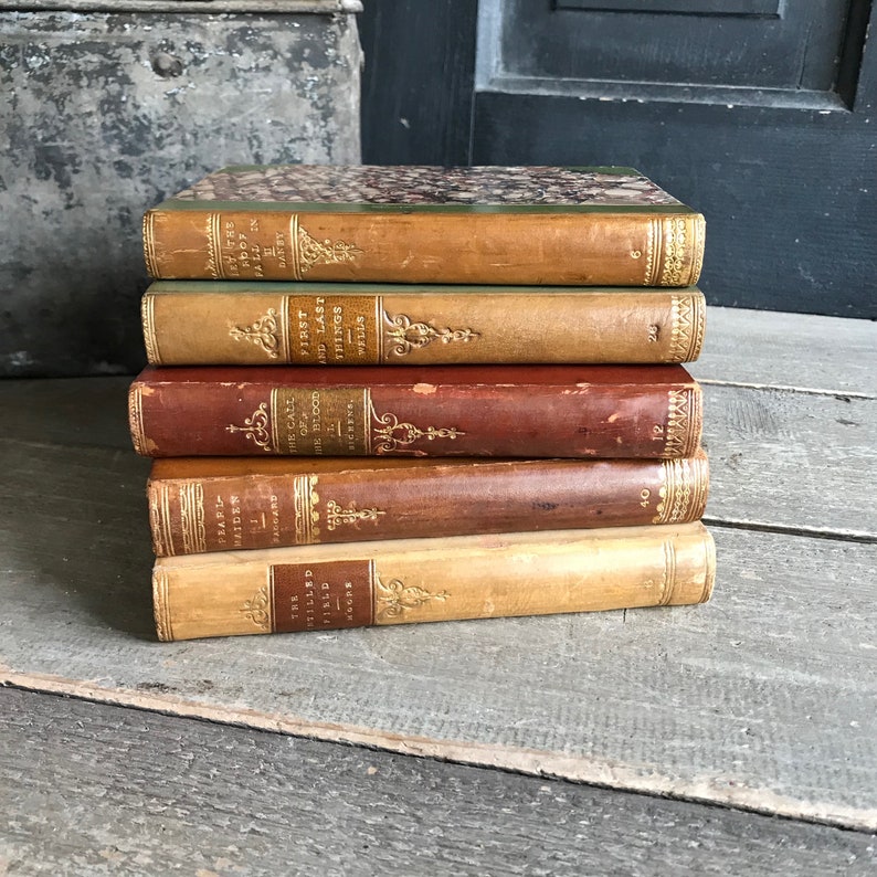 May include: A stack of six vintage hardcover books with gold lettering and decorative designs on the spines. The books are arranged in a vertical stack with the top book facing forward. The books are all different colors, including brown, red, and yellow.