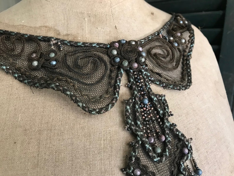 Antique Beaded Dress Appliqué, Accessory, Black tulle, Glass Beads, Restoration Project, Costume Design image 1
