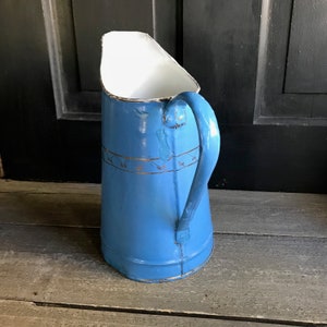 French Enamel Pitcher, Small Blue Floral Jug, Rustic Floral Vase, French Farmhouse Decor image 8