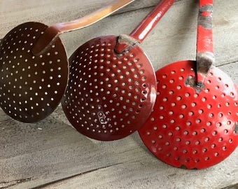 1 French Enamel Sieve Spoon, Pasta Ladle, Rustic French Farmhouse, 3 Available
