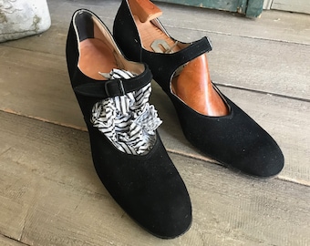 1940s Black Suede Shoes, Mary Jane Pumps, Custom Made, Chicago