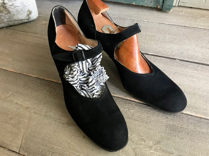 1940s Black Suede Shoes, Mary Jane Pumps, Custom Made, Chicago image 1