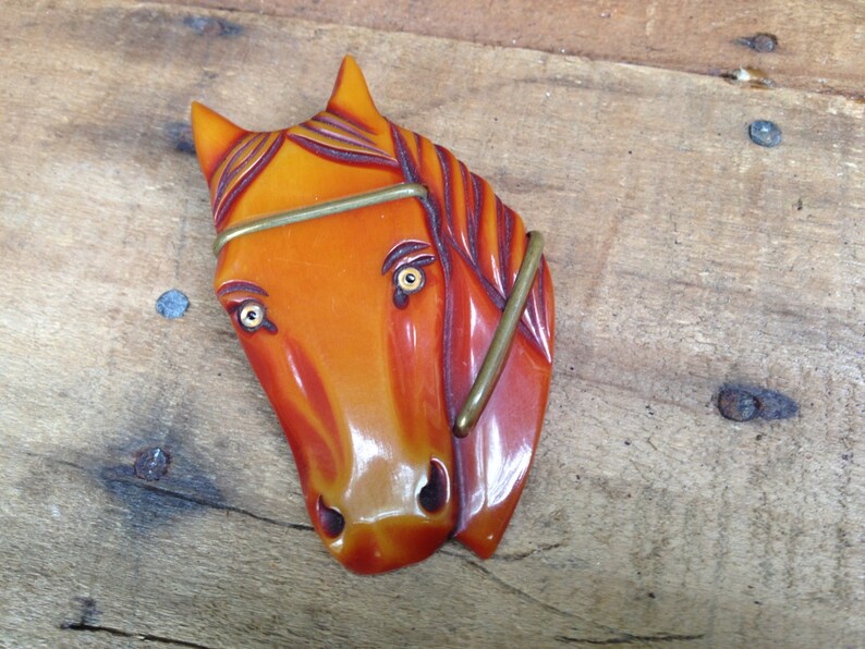 Amber Butterscotch Bakelite Horse Pin Brass Carved Horse Head Brooch Pin