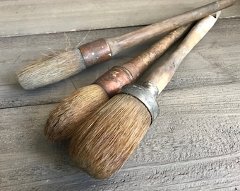 3 Antique French Paint Brushes, Industrial Decor, Round Brush, Wood Handle, Natural Bristle, Large Paint Brush, Art Supply, Set of 3