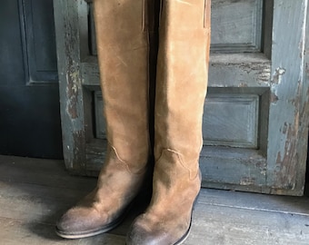 Vintage Tan Suede Boots, Knee High, Camel, Distressed Style, 90s Fashion, 39 EU, 8,5 US