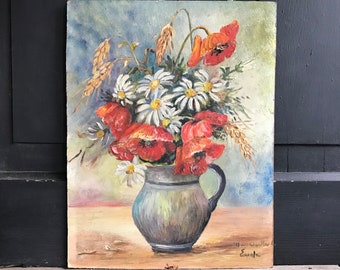 French Oil Painting, Floral Vase, Red Poppies, Daisies, Still Life, Signed Mademoiselle Eude, Unframed, Oil on Board