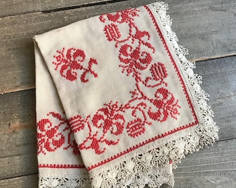 French Naperon, Table Runner, Red Cross Stitch Embroidery, Linen Lace Trim, French Farmhouse