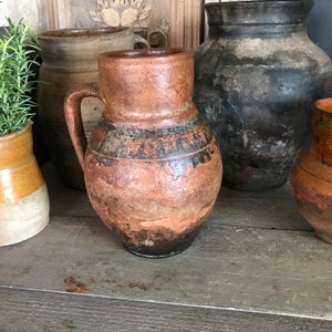 Antique Pottery Jug, Pitcher, Vase, Redware, Folk Art, Rustic Terra Cotta, Hand Thrown, Hand Painted, 19th C, Rustic Farmhouse, Farm Table image 2
